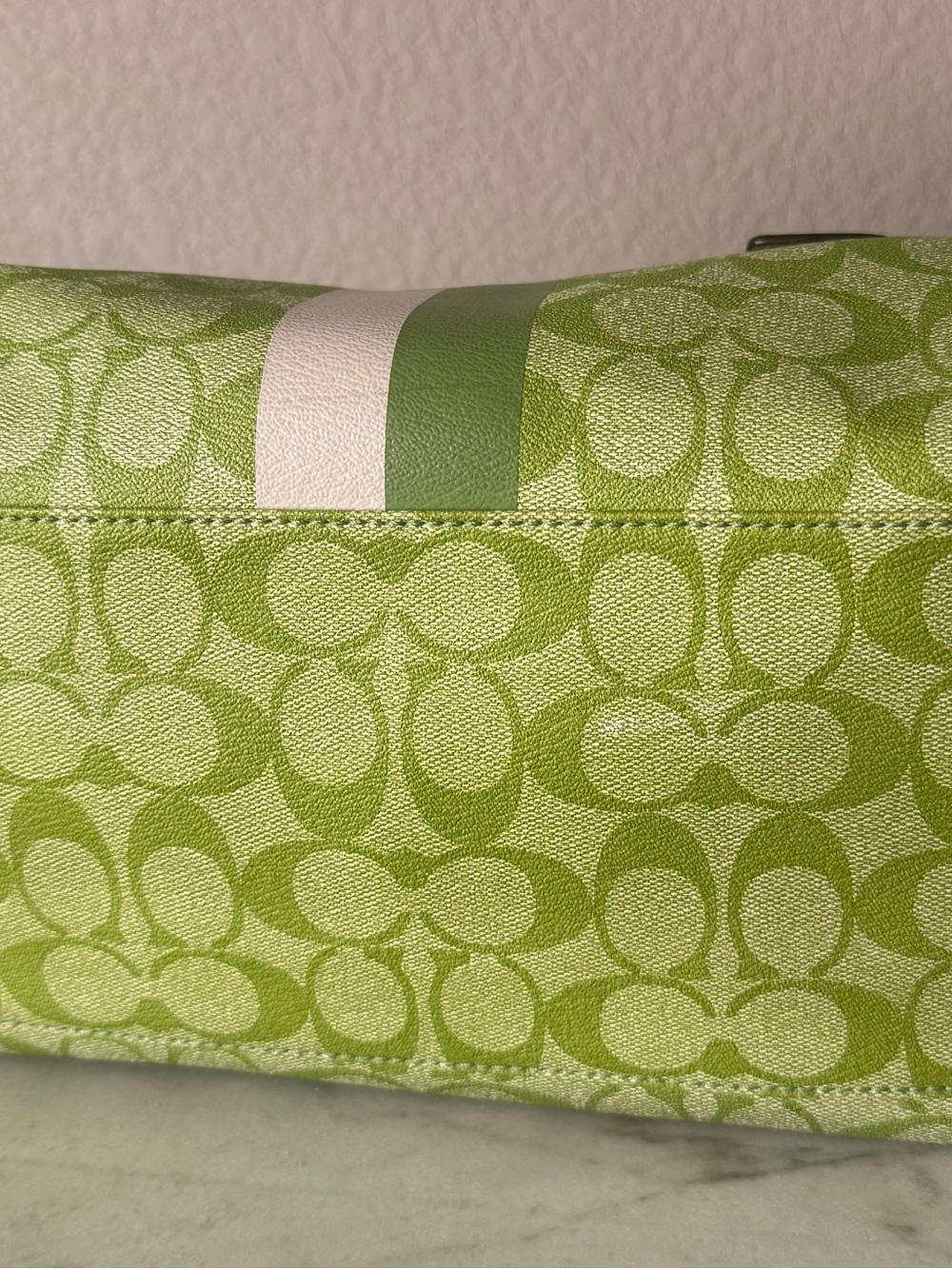 Coach Lime Green Signature Stripe Satchel with White Accents - Picture 2 of 12